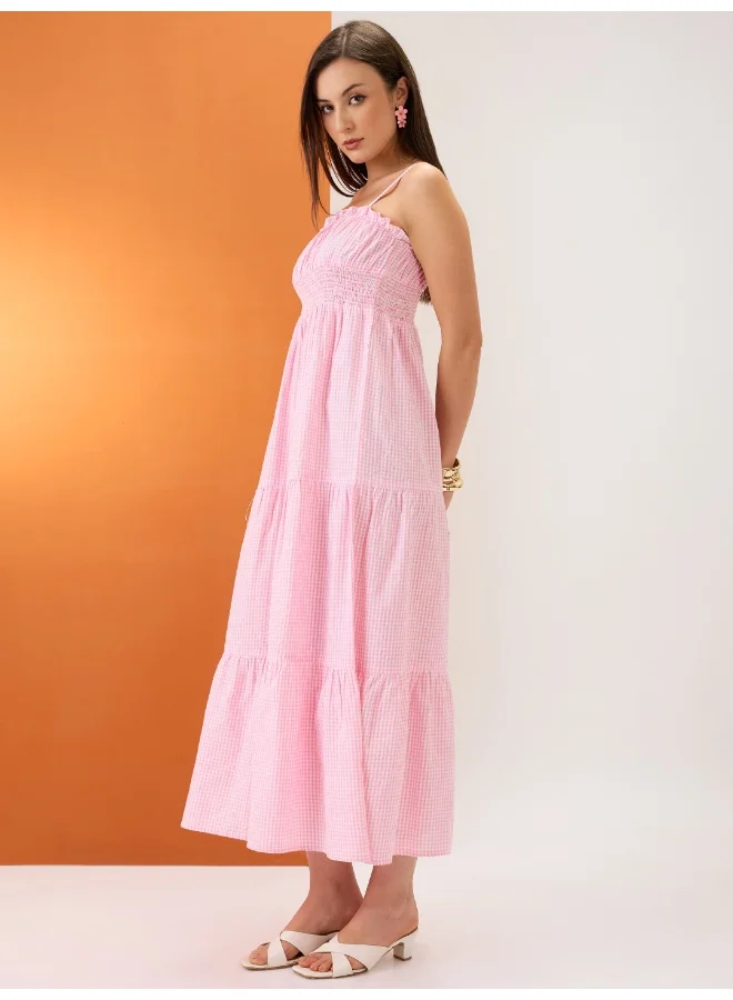 globus Women Pink Checkered Square Neck Strappy Sleeves Smocked Tiered Fit & Flare Maxi Dress
