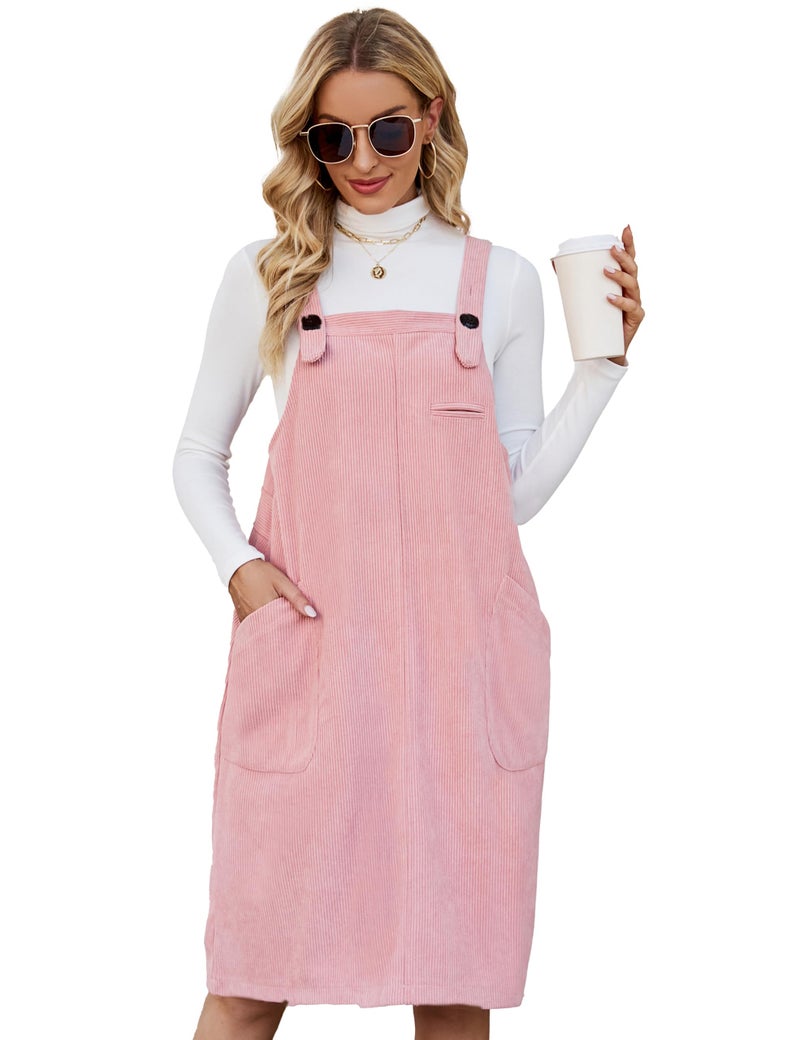 Flygo Women's Corduroy Jumper Overall Pinafore Midi Dress Skirt with Pockets(Pink-XL) - Image 1