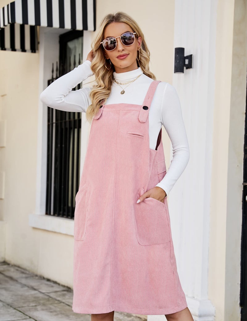 Flygo Women's Corduroy Jumper Overall Pinafore Midi Dress Skirt with Pockets(Pink-XL) - Image 4