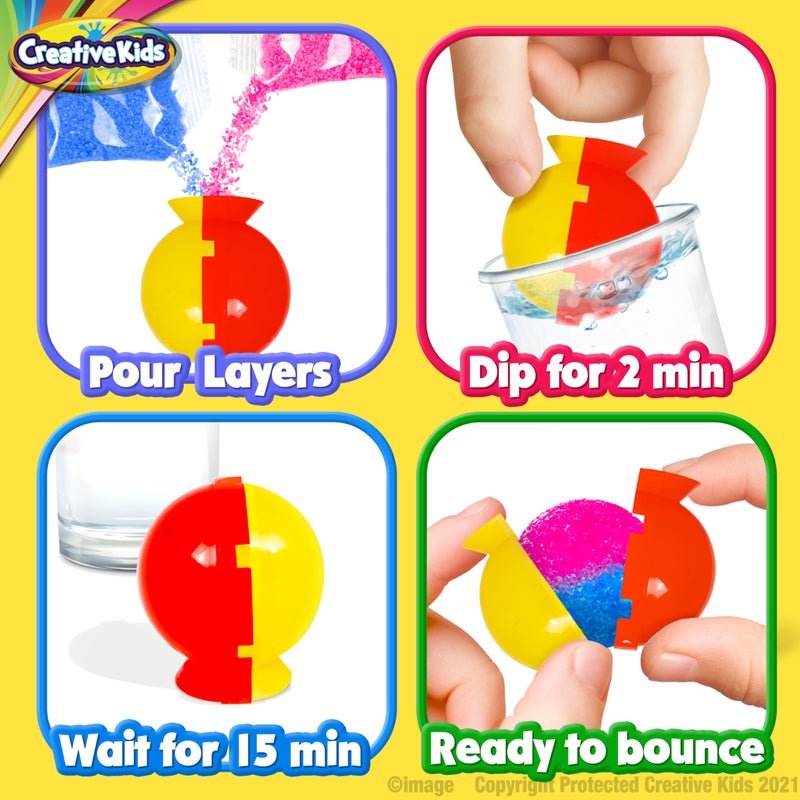 Creative Kids كرات قفز سحرية للأطفال - ألعاب STEM DIY - مجموعة علوم للأطفال - 25 كيس ملون و 5 قوالب لصنع حتى 43 كرة - Image 2