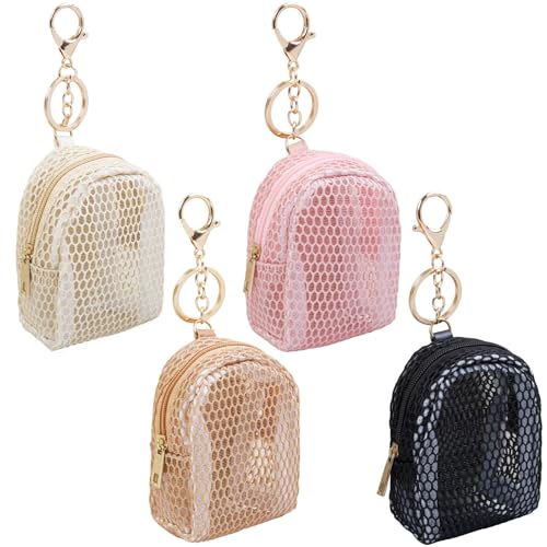 AIBFRID 4Pcs Mini Backpack Keychain,Cute Cosmetic Bag for Women,PU Leather Makeup Bag Key Pocket Lipstick Bag Card Holder Data Cable Organizer Zipper Pouch (Mesh Cosmetic Bag) - Image 1