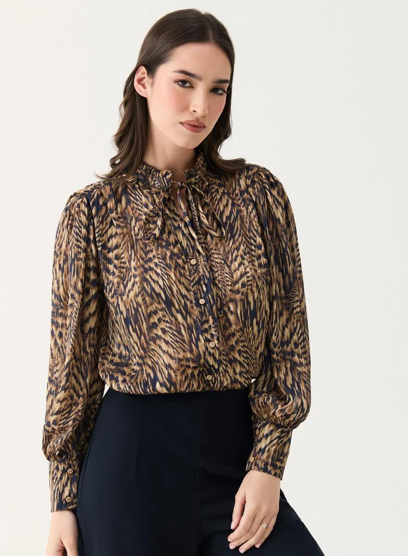 Zigzag Long Sleeve Printed Frilled Collared Top