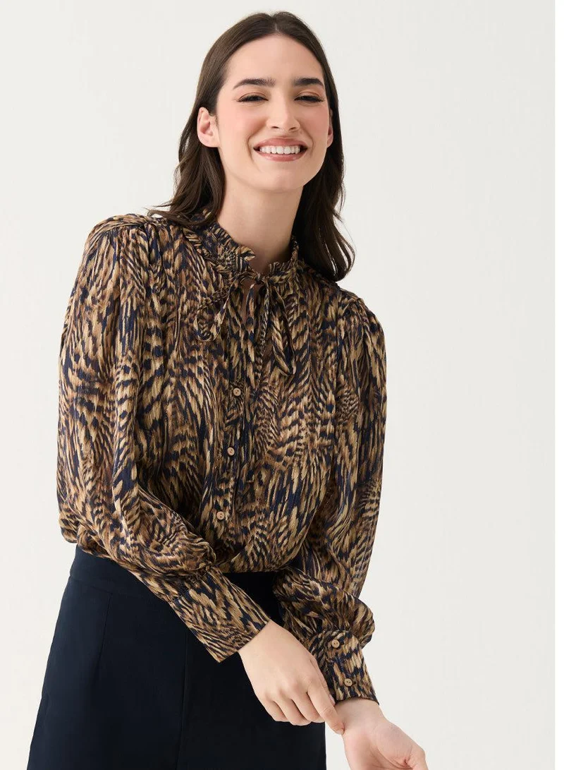 Zigzag Long Sleeve Printed Frilled Collared Top