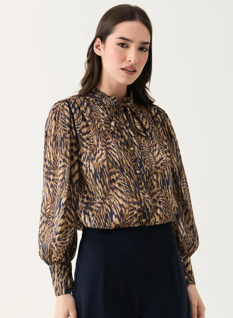 Zigzag Long Sleeve Printed Frilled Collared Top