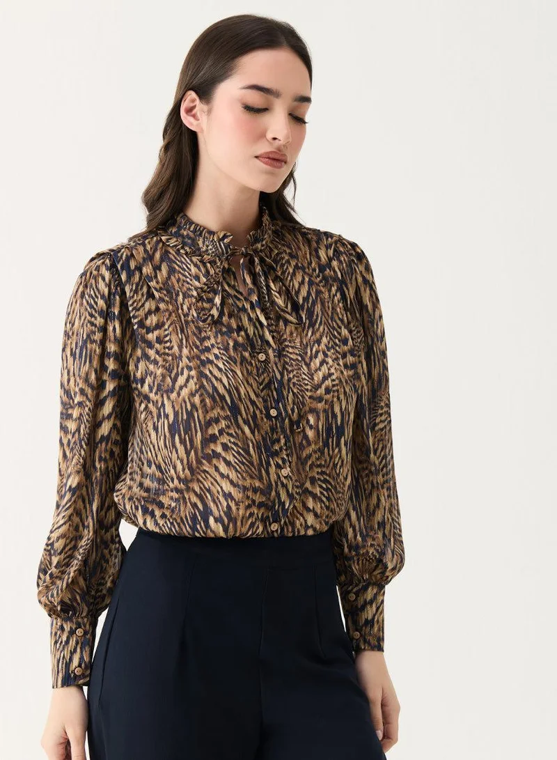 Zigzag Long Sleeve Printed Frilled Collared Top