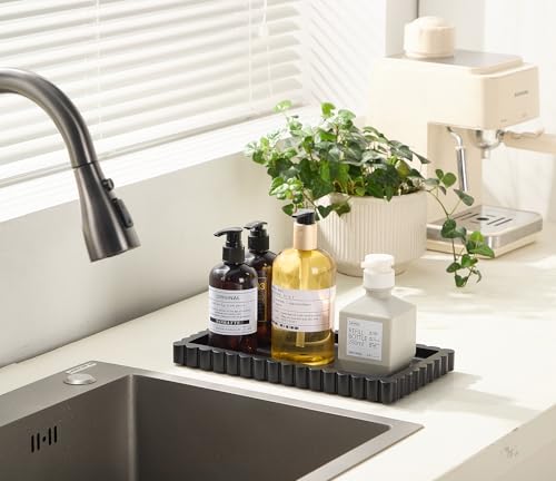 Aotea Crafts Scalloped Bathroom Vanity Tray for Countertop- Small Concrete Modern Industrial Minimalist Counter Vanity Organizer Tray for Dresser- Decorative Tray-11.8"L x 6.37"W x 1"H- Charcoal Black- Water-proof - Image 3