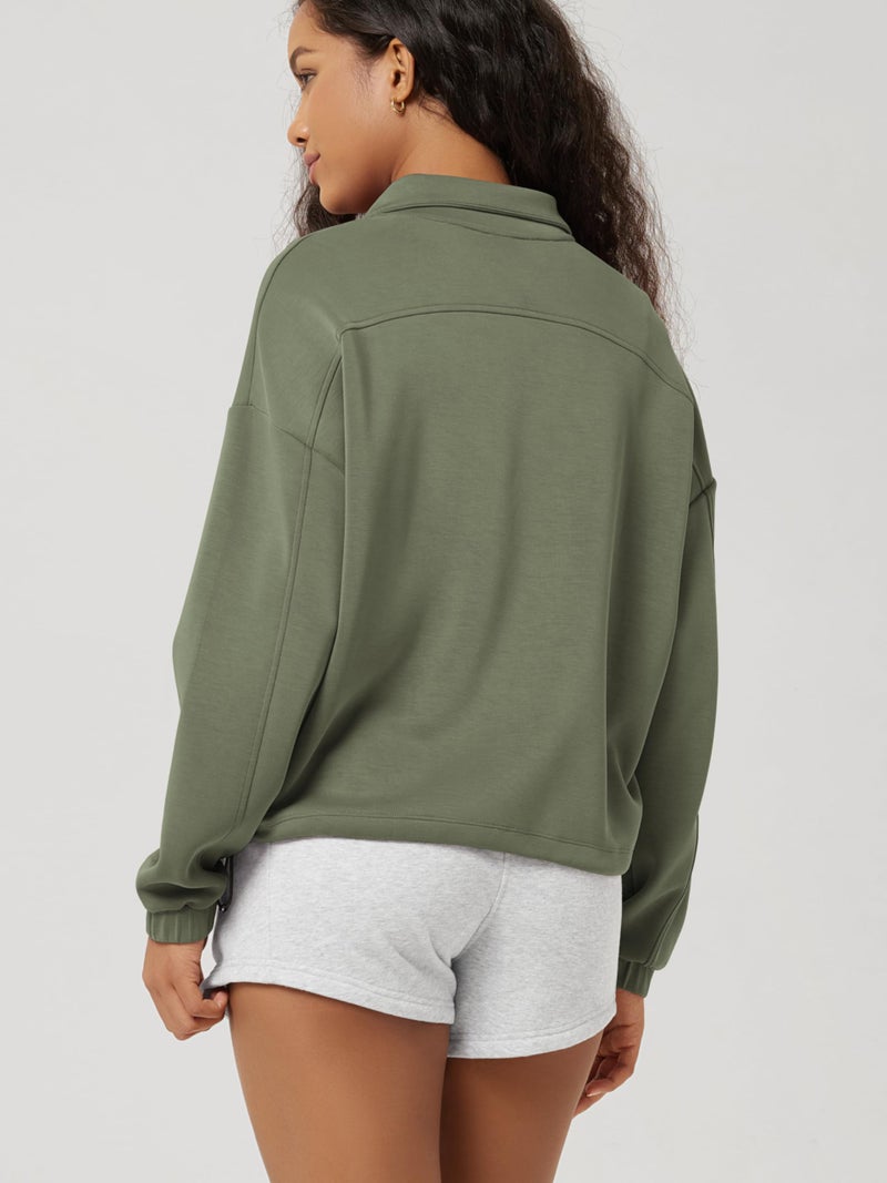 ODODOS Women's Modal Soft Cinchable Sweatshirts Half Zipper Funnel Neck Oversize Pullover with Pockets, Dark Sage, Medium - Image 3