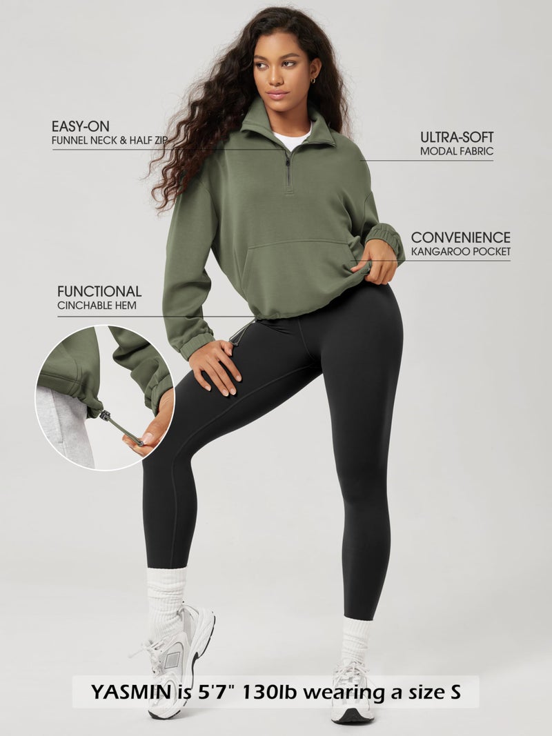 ODODOS Women's Modal Soft Cinchable Sweatshirts Half Zipper Funnel Neck Oversize Pullover with Pockets, Dark Sage, Medium - Image 4