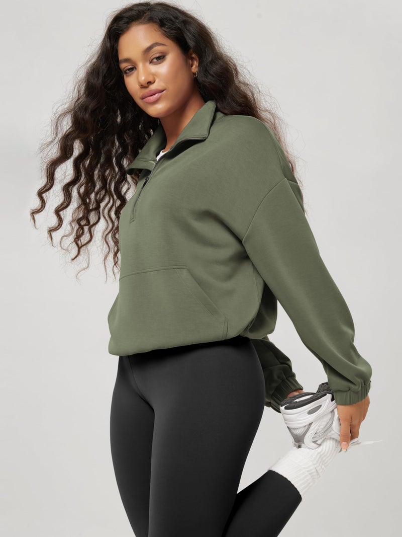ODODOS Women's Modal Soft Cinchable Sweatshirts Half Zipper Funnel Neck Oversize Pullover with Pockets, Dark Sage, Medium - Image 2