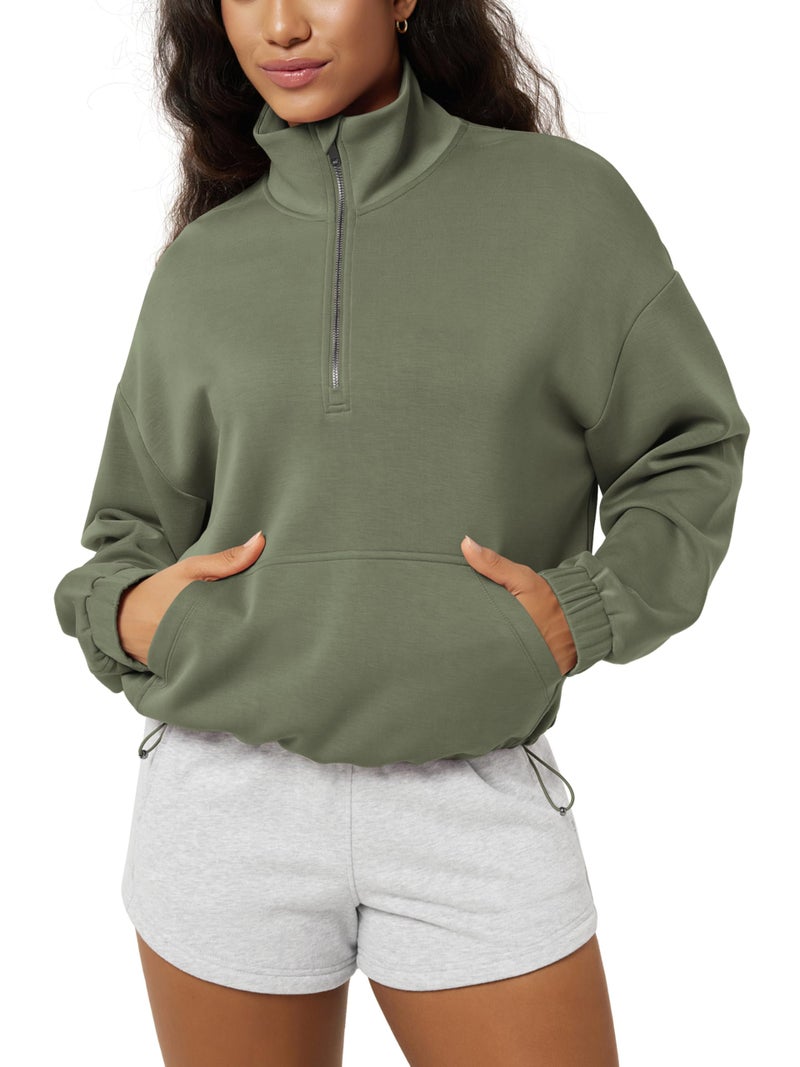 ODODOS Women's Modal Soft Cinchable Sweatshirts Half Zipper Funnel Neck Oversize Pullover with Pockets, Dark Sage, Medium - Image 1