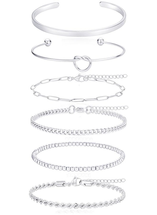 Tornito 6Pcs Gold Bracelets 14K Gold Plated Stainless Steel Link Chain Bracelet Waterproof Stackable Cuban Paperclip Bead Rope Love Knot Cuff Bracelets for Women 6.7 Inches Silver Gold Tone Adjustable - Image 3