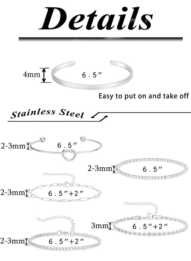 Tornito 6Pcs Gold Bracelets 14K Gold Plated Stainless Steel Link Chain Bracelet Waterproof Stackable Cuban Paperclip Bead Rope Love Knot Cuff Bracelets for Women 6.7 Inches Silver Gold Tone Adjustable - Image 4