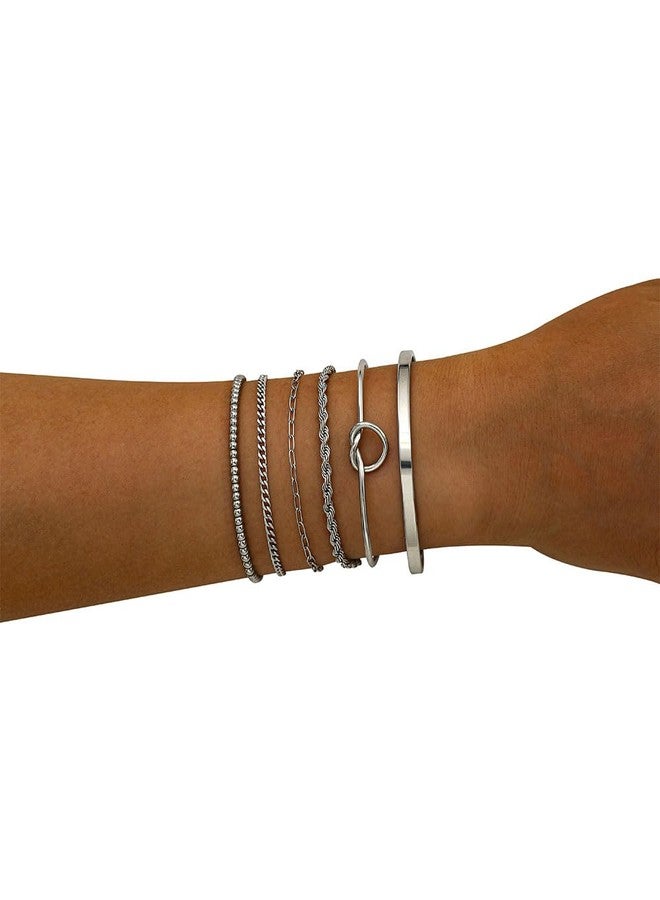 Tornito 6Pcs Gold Bracelets 14K Gold Plated Stainless Steel Link Chain Bracelet Waterproof Stackable Cuban Paperclip Bead Rope Love Knot Cuff Bracelets for Women 6.7 Inches Silver Gold Tone Adjustable - Image 2