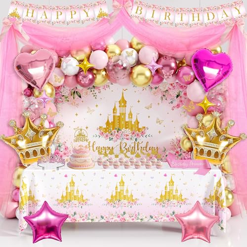 THAWAY Princess Birthday Party Decorations Pastel Floral Castle Party Supplies with Pink Gold Balloon Arch Tulle Curtain Backdrop Banner Sash Crown Tablecloth Cake Topper for Girls Princess Party Decor - Image 1