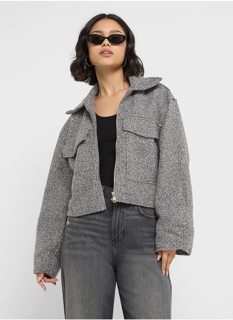 Ginger Fuzzy Marled Zip Up Jacket With Double Pocket