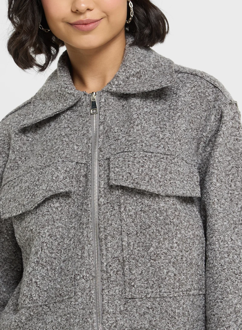 جينجر Fuzzy Marled Zip Up Jacket With Double Pocket