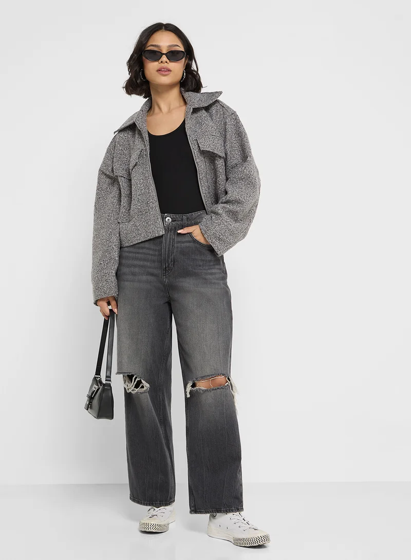 جينجر Fuzzy Marled Zip Up Jacket With Double Pocket