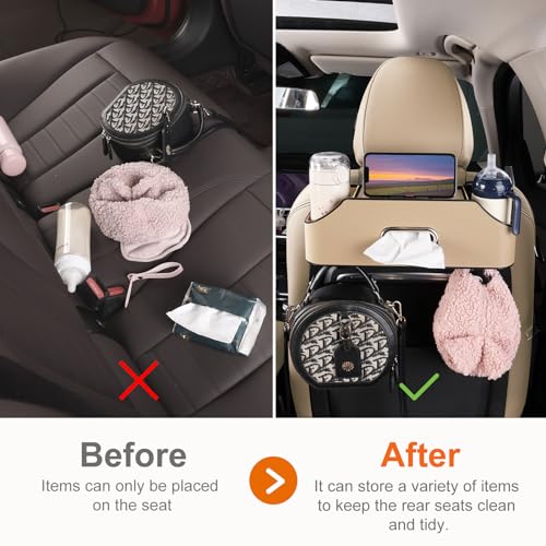 Sancaral Car Rear Backseat Extra Multifunctional Drink Cup Holder Organizers With Tissue Storage Box Organizer & Hooks For Car Seat Back.Beige - Image 2