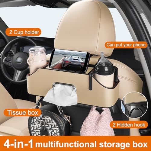 Sancaral Car Rear Backseat Extra Multifunctional Drink Cup Holder Organizers With Tissue Storage Box Organizer & Hooks For Car Seat Back.Beige - Image 3