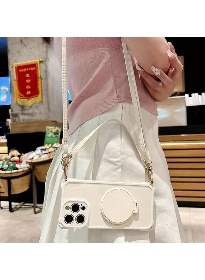 Beige Rotatable Makeup Mirror Case For iPhone 15 With Adjustable Crossbody Strap - Image 2