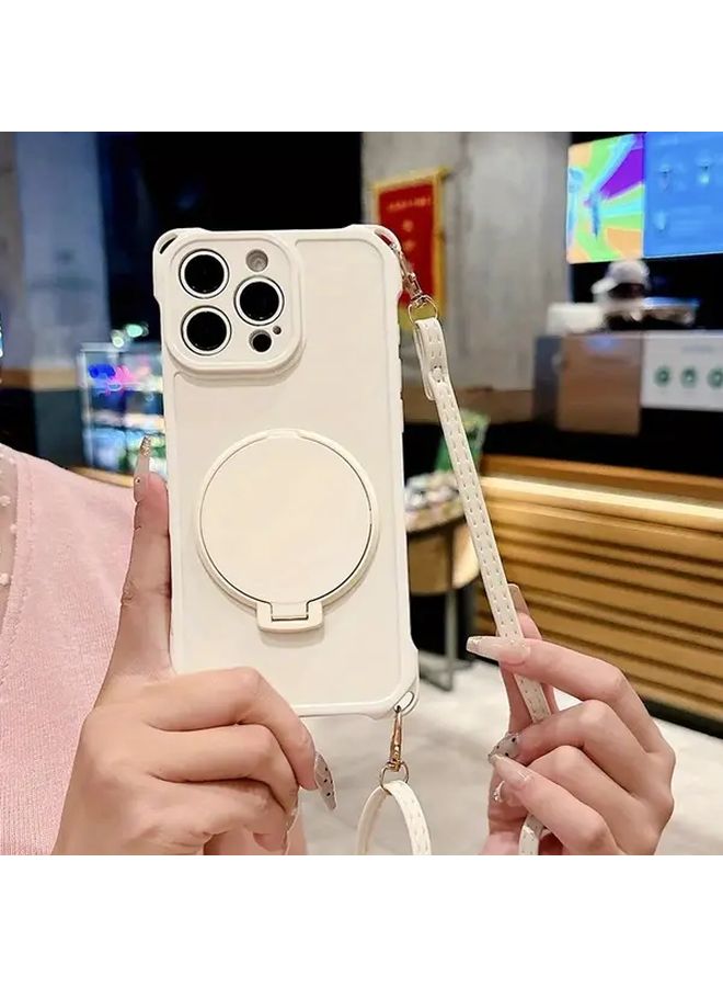 Beige Rotatable Makeup Mirror Case For iPhone 15 With Adjustable Crossbody Strap - Image 3