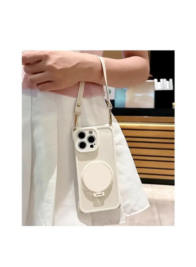 Beige Rotatable Makeup Mirror Case For iPhone 15 With Adjustable Crossbody Strap - Image 4