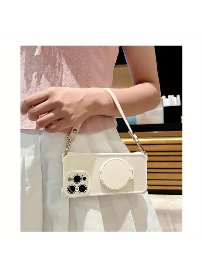 Beige Rotatable Makeup Mirror Case For iPhone 15 With Adjustable Crossbody Strap - Image 5