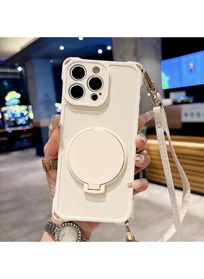 Beige Rotatable Makeup Mirror Case For iPhone 15 With Adjustable Crossbody Strap - Image 1
