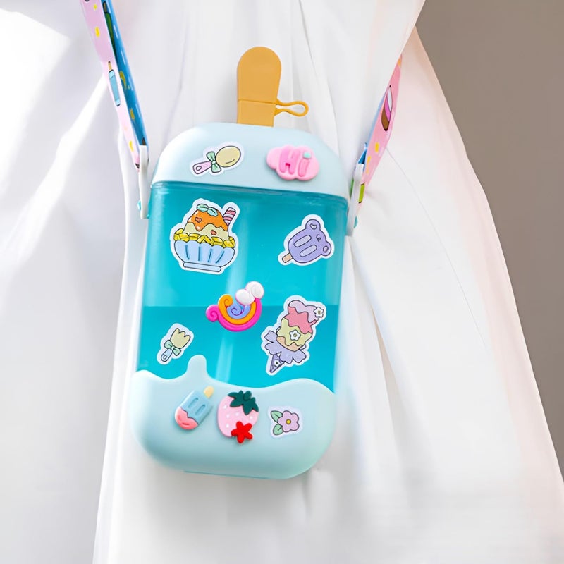 Skoolster Cute Kids’ Water Bottle – Ice Cream-Themed, 400 ML, BPA-Free, Leak-Proof, with Stickers & Adjustable Strap – Lightweight & Durable for School & Travel (Blue) - Image 1