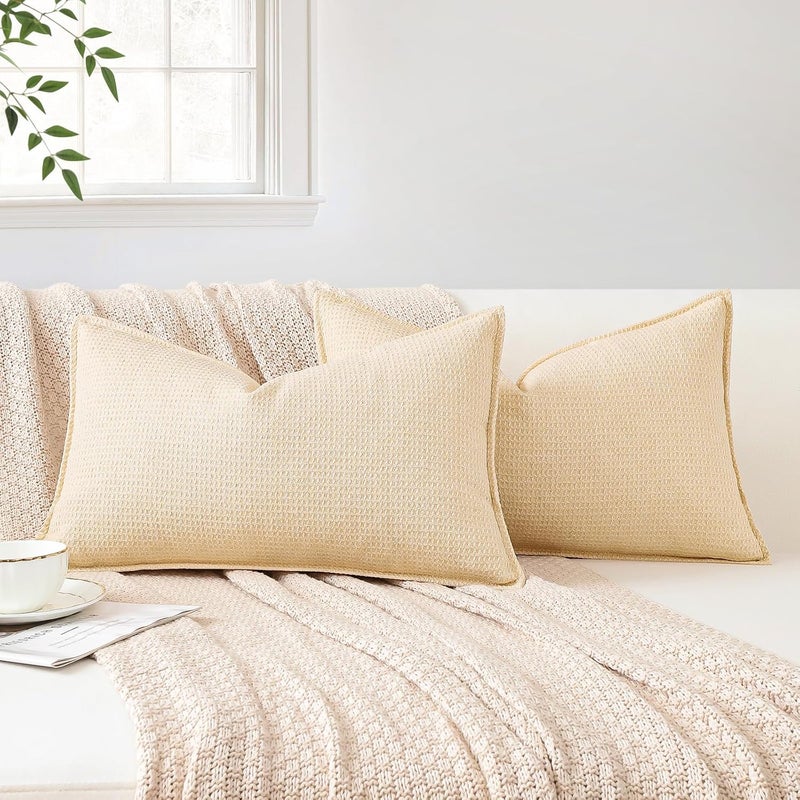 Sungeek Set of 2 Soft 3D Plaid Cushion Covers, Decorative Cushion Covers, Wrapped Edge Cushion Cover, Decorative Cushion Cover for Sofa, Couch, Bedroom, Living Room (Beige, 30 x 50 cm) - Image 4