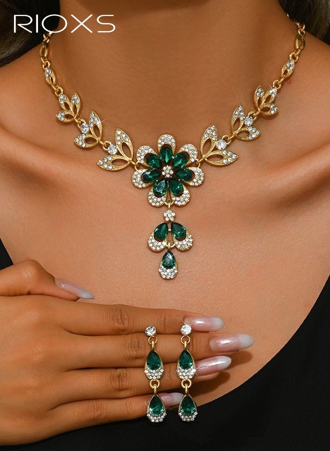 RIOXS Wedding Jewelry Sets for Brides, Rhinestone Necklace and Earring Set, Multi-colour Prom Jewelry Sets, Diamond Flower Teardrop Necklace for Women - Image 1
