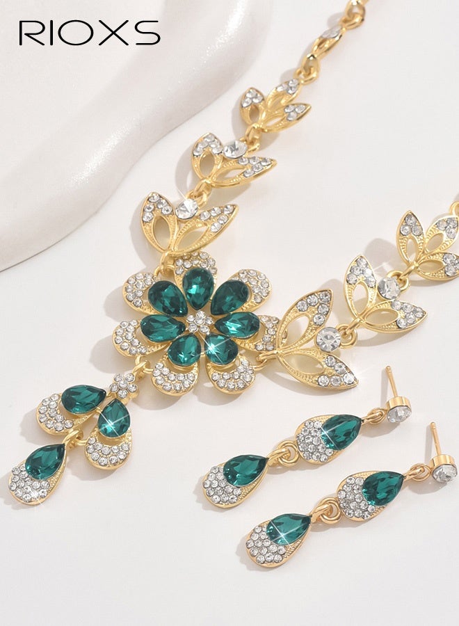 RIOXS Wedding Jewelry Sets for Brides, Rhinestone Necklace and Earring Set, Multi-colour Prom Jewelry Sets, Diamond Flower Teardrop Necklace for Women - Image 3