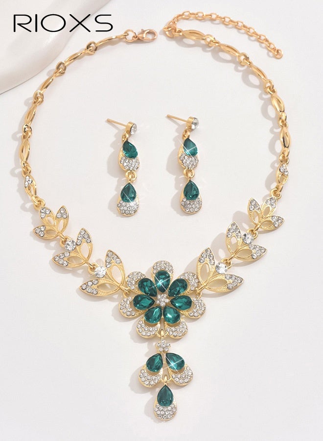 RIOXS Wedding Jewelry Sets for Brides, Rhinestone Necklace and Earring Set, Multi-colour Prom Jewelry Sets, Diamond Flower Teardrop Necklace for Women - Image 2