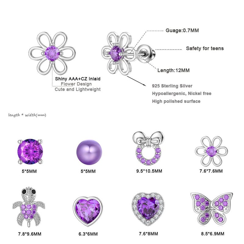 TOPBRIGHT 8 Pairs Hypoallergenic Earrings 925 Sterling Silver Stud Earrings Purple Heart CZ Tiny Butterfly For Kids, Toddlers, Little Girls, Teens, Women - Image 4