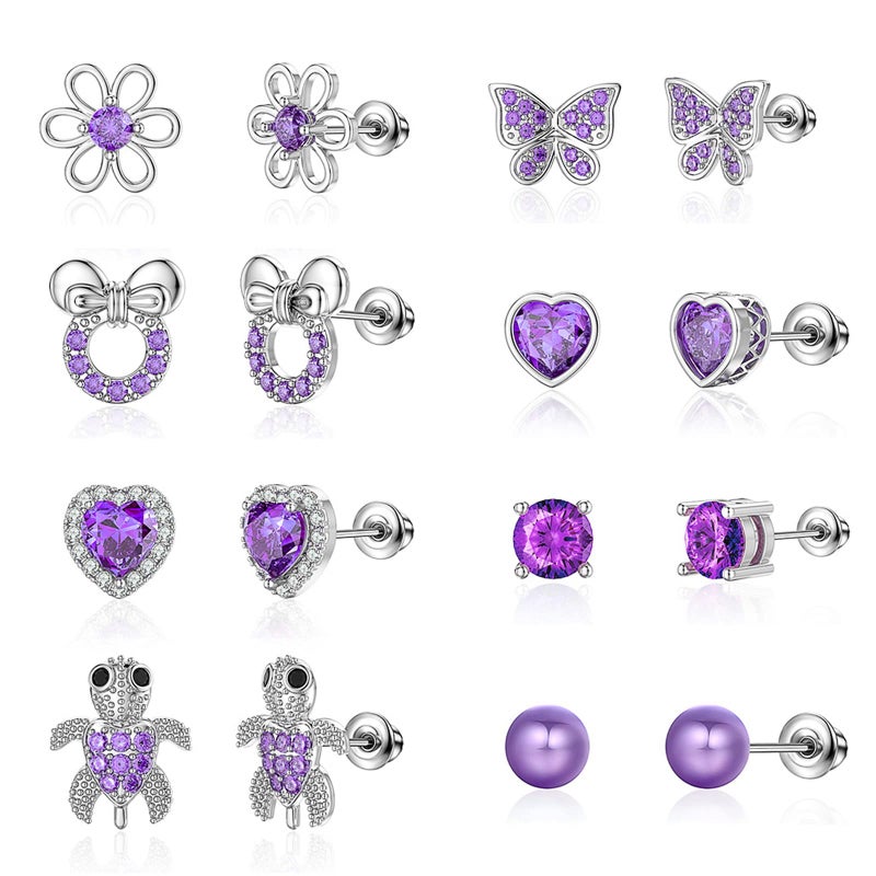 TOPBRIGHT 8 Pairs Hypoallergenic Earrings 925 Sterling Silver Stud Earrings Purple Heart CZ Tiny Butterfly For Kids, Toddlers, Little Girls, Teens, Women - Image 1