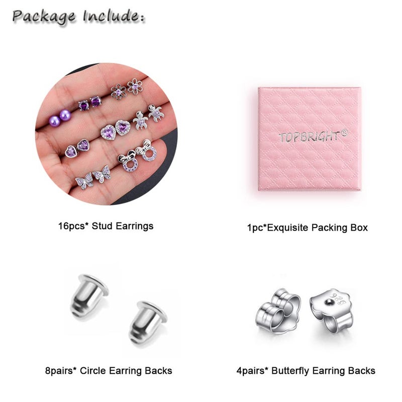 TOPBRIGHT 8 Pairs Hypoallergenic Earrings 925 Sterling Silver Stud Earrings Purple Heart CZ Tiny Butterfly For Kids, Toddlers, Little Girls, Teens, Women - Image 2