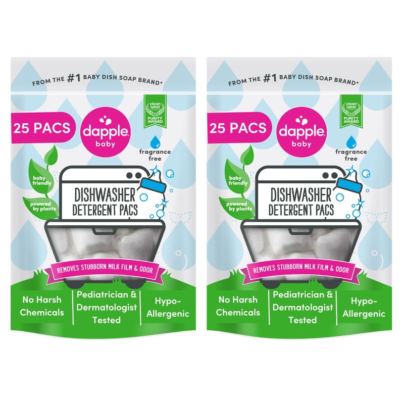 dapple أقراص غسالة الصحون للأطفال من دابل، أقراص غسالة صحون مضادة للحساسية مدعومة بالنباتات، تزيل بقايا الحليب والرائحة من الأطباق وزجاجات الأطفال والأدوات المطبخية، خالية من العطور، 25 قطعة (عبوة من 2) - Image 1