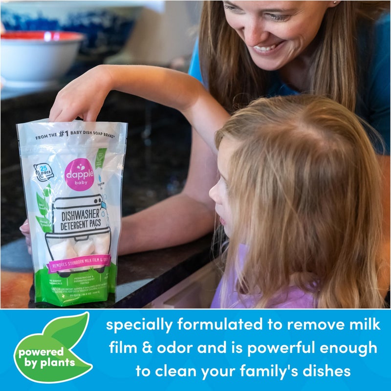 dapple أقراص غسالة الصحون للأطفال من دابل، أقراص غسالة صحون مضادة للحساسية مدعومة بالنباتات، تزيل بقايا الحليب والرائحة من الأطباق وزجاجات الأطفال والأدوات المطبخية، خالية من العطور، 25 قطعة (عبوة من 2) - Image 2