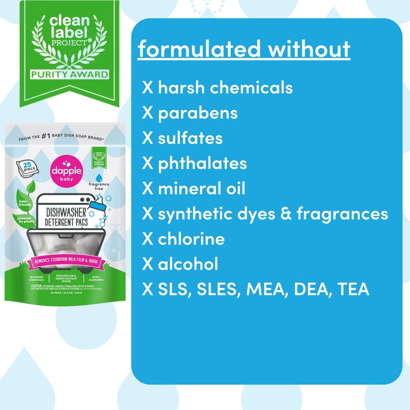 dapple أقراص غسالة الصحون للأطفال من دابل، أقراص غسالة صحون مضادة للحساسية مدعومة بالنباتات، تزيل بقايا الحليب والرائحة من الأطباق وزجاجات الأطفال والأدوات المطبخية، خالية من العطور، 25 قطعة (عبوة من 2) - Image 5