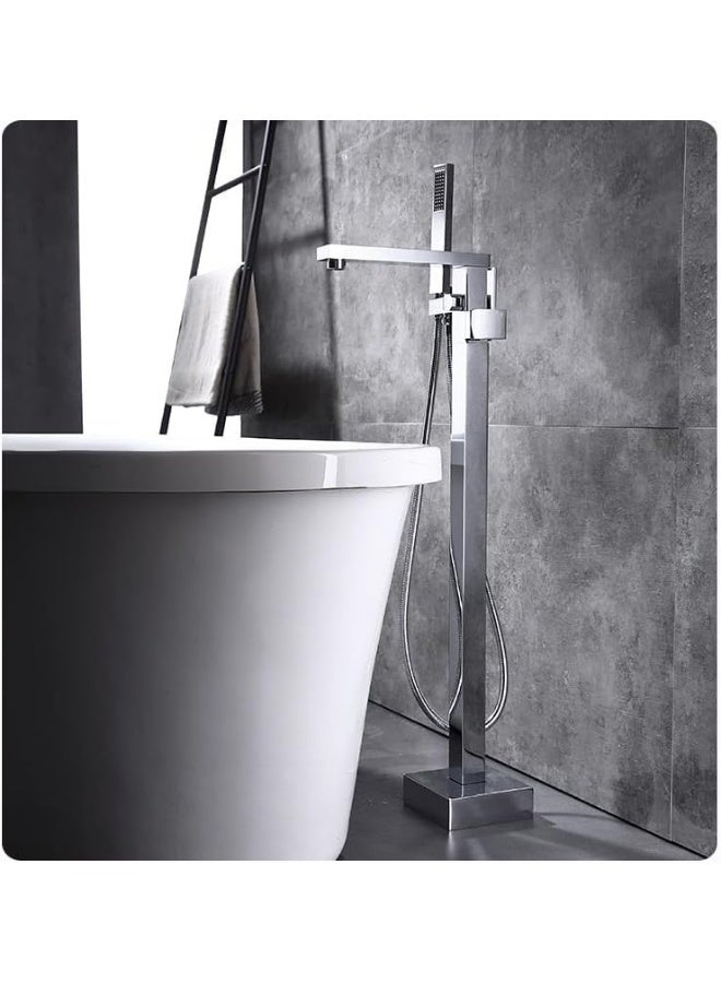 واي دي صنبور حوض استحمام عصري قائم بذاته مع دش يدوي، وحنفية أرضية عالية التدفق، وخلاط حوض استحمام عصري مربع الشكل بمقبض واحد، وصنبور فاخر بفوهة شلال لأحواض الاستحمام. - Image 3