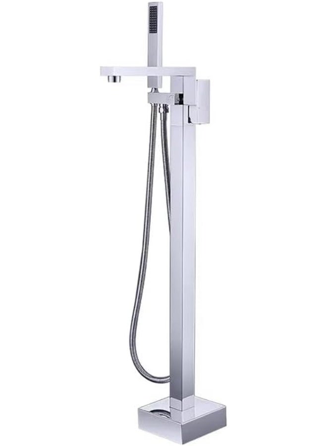 واي دي صنبور حوض استحمام عصري قائم بذاته مع دش يدوي، وحنفية أرضية عالية التدفق، وخلاط حوض استحمام عصري مربع الشكل بمقبض واحد، وصنبور فاخر بفوهة شلال لأحواض الاستحمام. - Image 1