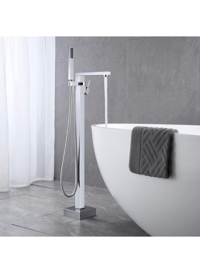 واي دي صنبور حوض استحمام عصري قائم بذاته مع دش يدوي، وحنفية أرضية عالية التدفق، وخلاط حوض استحمام عصري مربع الشكل بمقبض واحد، وصنبور فاخر بفوهة شلال لأحواض الاستحمام. - Image 2