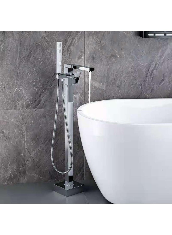 واي دي صنبور حوض استحمام عصري قائم بذاته مع دش يدوي، وحنفية أرضية عالية التدفق، وخلاط حوض استحمام عصري مربع الشكل بمقبض واحد، وصنبور فاخر بفوهة شلال لأحواض الاستحمام. - Image 5