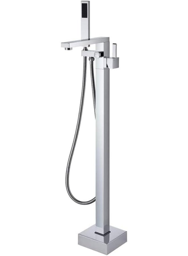 واي دي صنبور حوض استحمام عصري قائم بذاته مع دش يدوي، وحنفية أرضية عالية التدفق، وخلاط حوض استحمام عصري مربع الشكل بمقبض واحد، وصنبور فاخر بفوهة شلال لأحواض الاستحمام. - Image 4