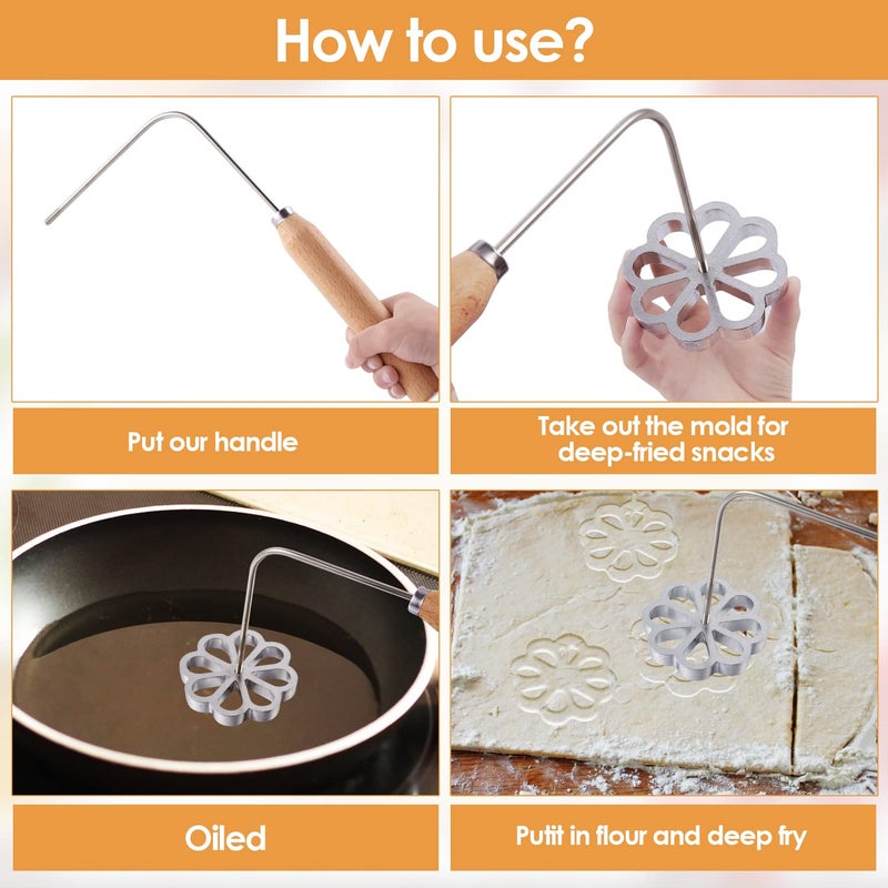 Achouray 4 Pieces Rosettes Timbale Set  Rosette Iron Set with Handle  Lotus Flower Bunuelos Cookie Maker Mold  Funnel Cake Maker Kit  - Image 5
