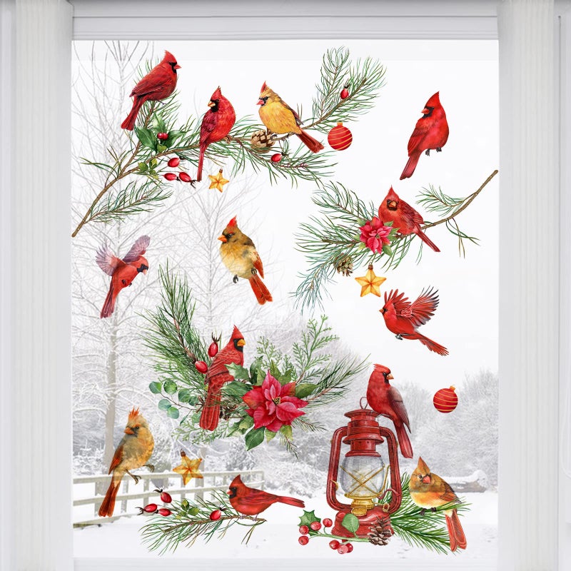 Mfault Mfault Winter Cardinal Window Clings 9 Sheets Christmas Red Birds Glass Stickers Decal Poinsettia Pine Cone Bedroom Decorations Xmas Kerosene Lamp Tree Branches Home Kitchen Living Room Decor 