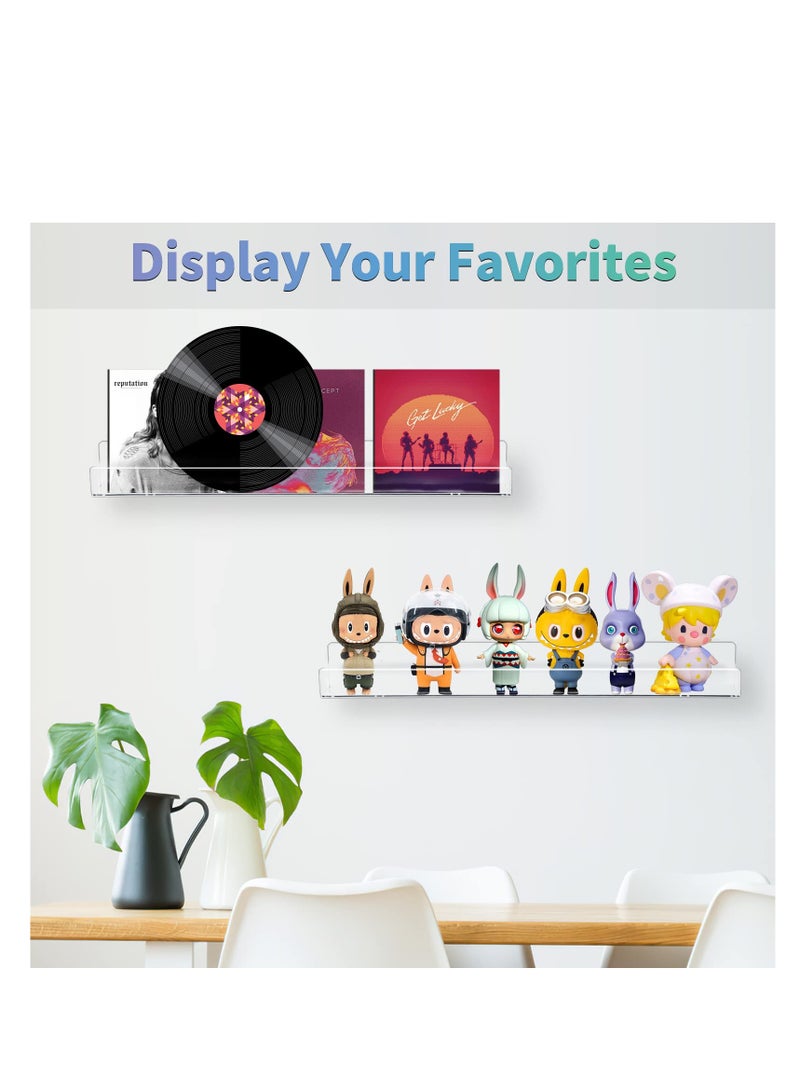 SYOSI 2 قطع رفوف أكريليك عائمة، 15 بوصة رف أكريليك شفاف، رف كتب مع تعليق غير مرئي مع مجموعة التثبيت، رفوف حمام صغيرة لعرض السجلات والكتب وشخصيات فنكو بوب - Image 4