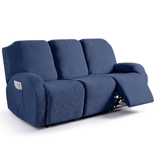 Ruaozz Recliner Sofa Covers Recliner Chair Covers Couch Covers for Reclining Couches with Pockets Washable Furniture Protector with Elastic Bottom (3 Seater, Dark Blue) - Image 1
