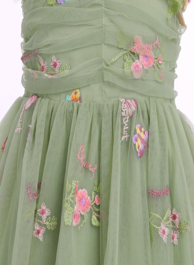 ODOLDI Kids Girls Birthday Party Dress Sequin Mesh Flutter Sleeve Smocked Back Ruffle Tulle Dress Photo Shoot Green Embroidery 18-24 Months - Image 4