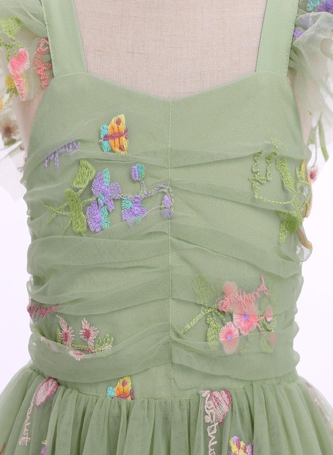 ODOLDI Kids Girls Birthday Party Dress Sequin Mesh Flutter Sleeve Smocked Back Ruffle Tulle Dress Photo Shoot Green Embroidery 18-24 Months - Image 2